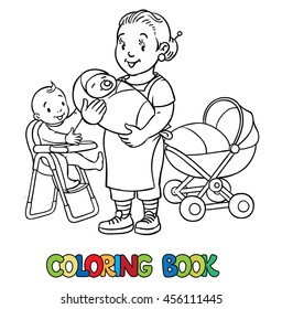 Coloring book of funny nanny with a baby and another on the highchair near the stoller. Profession ABC series. Children vector illustration.