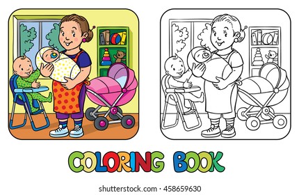 Coloring book of funny nanny with a baby and another on the highchair near the stoller. Profession ABC series. Children vector illustration.