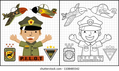 Coloring book of funny pilot cartoon with military plane