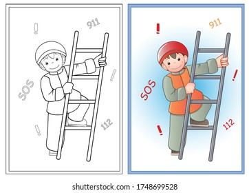 Coloring book or coloring book of funny  rescuer in uniform. A series of professions. Children's vector illustration.