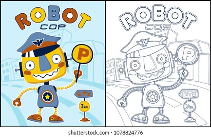 Coloring book of funny robot cop cartoon with traffic signs