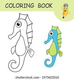 Coloring book with funny Sea Horse. Colorless and color samples ocean creature on coloring page for kids. Coloring design in cute cartoon style. Black contour silhouette with a sample for coloring.