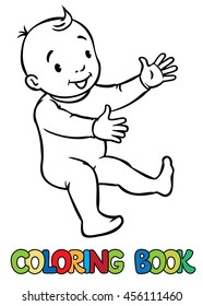 Coloring book of funny smiling baby boy or girl in rompers. Children vector illustration.