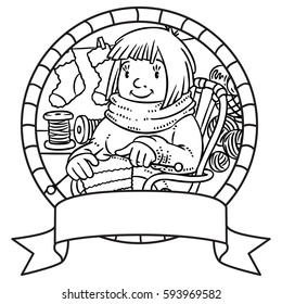 Coloring book of funny smiling knitter. Woman, sitting in a rocking chair, knitting a scarf, surrounded by yarn. Profession ABC series. Children vector illustration. Emblem
