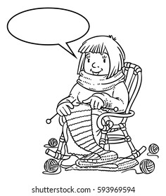 Coloring book of funny smiling knitter. Woman, sitting in a rocking chair, knitting a scarf, surrounded by yarn. Profession ABC series. Children vector illustration. With balloon for text