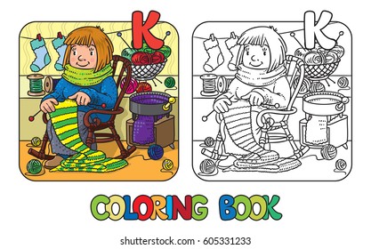 Coloring book of funny smiling knitter. Woman, sitting in a rocking chair, knitting a scarf, surrounded by yarn. Profession ABC series. Children vector illustration. Alphabet. Letter K