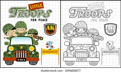 Coloring book of funny soldiers on truck, bird perch on banner