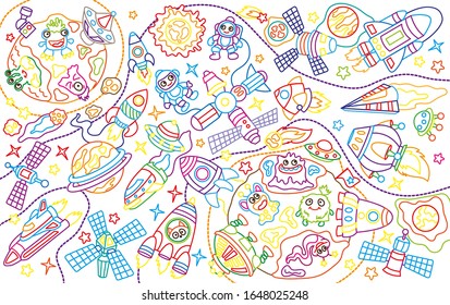 Coloring book of funny space with rockets and aliens among stars and planets