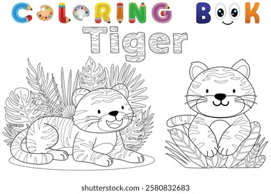 Coloring book of funny tigers, vector catoon illustration