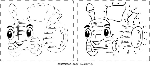 Coloring book. Funny tractor drawing with dots and digits