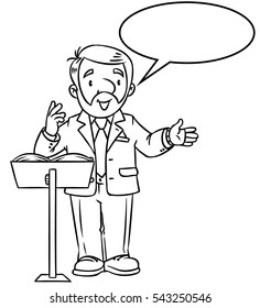 Coloring book of funny university lecturer. A man with a beard is giving a lecture or lesson, or tells something, near the stand for book. Profession series. Childrens vector illustration