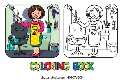 Coloring book of funny woman hairdresser with scissors near the mirror, barber chair and hairdress equipment. Profession ABC series. Children vector illustration.