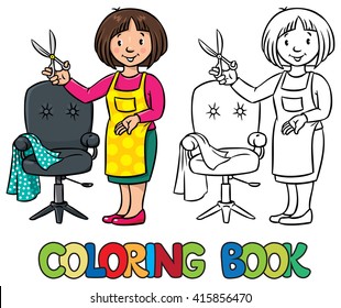 Coloring book of funny woman hairdresser with scissors near the barber chair in round frame with cartouche. Profession ABC series. Children vector illustration.