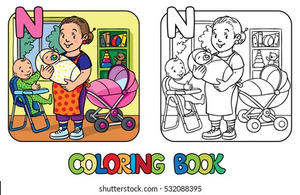 Coloring book of funny woman, nanny with a baby and another one on the highchair near the stroller. Profession ABC series. Children vector illustration. Alphabet N