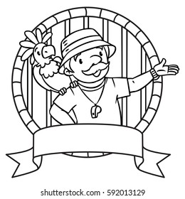 Coloring book of funny zoo keeper. A man dressed in panama hat, t-shirt and shorts with parrot and the service cart. Profession series. Children's vector illustration. Emblem