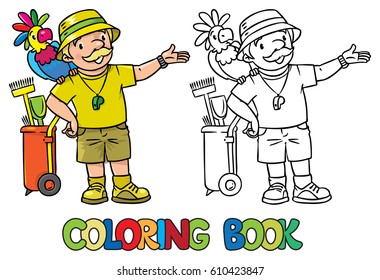 Coloring book of funny zoo keeper with parrot