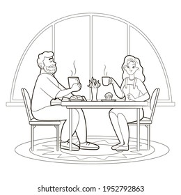 Coloring book, future family young man and woman drinking tea or coffee with sweet pastries by the big window. Vector illustration kids black white line art