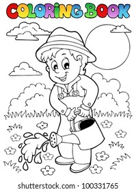 Coloring book garden and gardener - vector illustration.