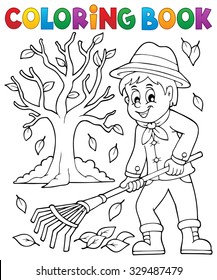 Coloring book gardener and tree - eps10 vector illustration.