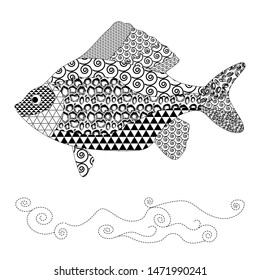 Coloring book with geometric pattern for art therapy fish on wave, Doodle style illustration isolated on white background.