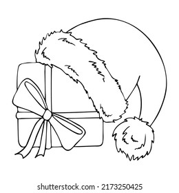 Coloring book gift box Santa hat. Christmas surprise in package with ribbon bow. Hand drawn vector line art black and white illustration.