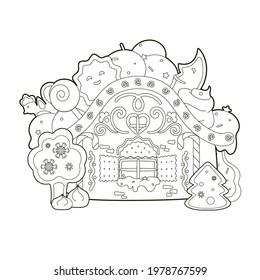 Coloring book: gingerbread Christmas house decorated with sweet candies, marshmallows and gingerbread Christmas tree. Vector illustration, black and white lines for children, cartoon