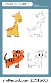 Farbbuch einer Giraffe und eines Tigers. Erzieherische Kreativspiele für Vorschulkinder
