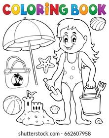 Coloring book girl and beach objects - eps10 vector illustration.