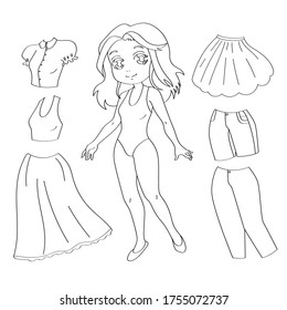 Coloring Book Girl And Clothes Vector Illustration. Paper Doll And Different Clothes For It. Game Wear A Doll For Children. Outline Drawing. Character Design For Coloring Books, Paper Dolls, Games.