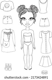 Coloring Book Girl And Clothes Vector Illustration. Paper Doll And Different Clothes For It. Game Wear A Doll For Children. Outline Drawing. Character Design For Coloring Books, Paper Dolls, Games.