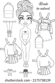 Coloring Book Girl And Clothes Vector Illustration. Paper Doll And Different Clothes For It. Game Wear A Doll For Children. Outline Drawing. Character Design For Coloring Books, Paper Dolls, Games.