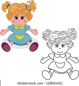 Coloring book. Girl doll toy vector illustration on white background