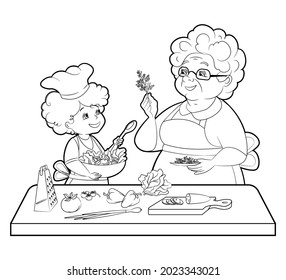 Coloring book: girl and grandmother making salad at the big kitchen table.Vector illustration, cartoon, flat, isolated on white background