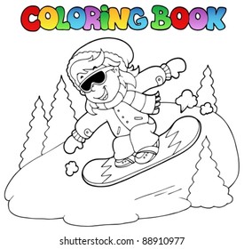 Coloring book girl on snowboard - vector illustration.