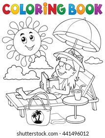 Coloring book girl on sun lounger theme 1 - eps10 vector illustration.