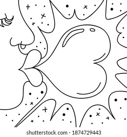 The coloring book of a girl with plump lips inflates a heart-shaped bubble of gum, which then explodes. Profile of a young woman with a pierced nose. Stock vector illustration on white background