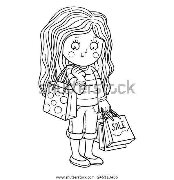 Coloring Book Girl Shopping Bags Stock Vector (Royalty Free) 246113485 ...