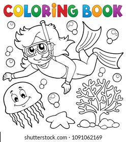 Coloring book girl snorkel diver - eps10 vector illustration.