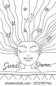 coloring book girl sweet dream line art hand drawn artwork vector illustration a4