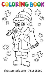Coloring book girl in winter clothes - eps10 vector illustration.