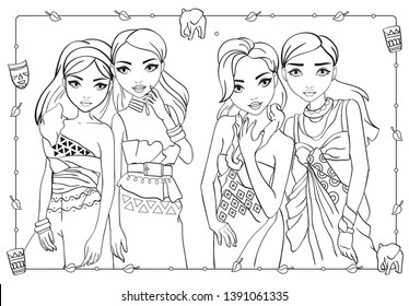 Coloring Book Of Girls In African Style Dresses