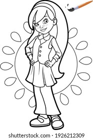 Coloring book for girls. Beautiful little girl. Vector illustration.