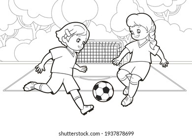 Coloring book girls football players playing football, stadium. Cute cartoon, kids kick a soccer ball. Cute soccer players.Vector illustration, black and white line art