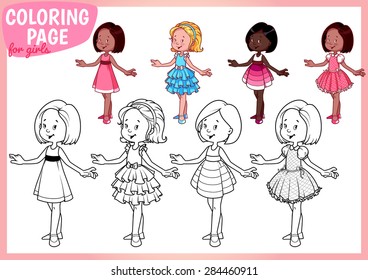 Coloring book for girls. Four young ladies in beautiful dresses. Vector illustration on white background. A4 size.