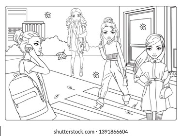 Coloring Book Of Girls Go In City On Autumn