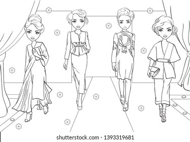 Coloring Book Of Girls In Japanese style Dresses