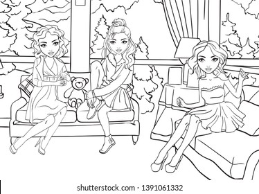 Coloring Book Of Girls Sit In Living Room