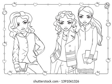 Coloring Book Of Girls In Student Clothes