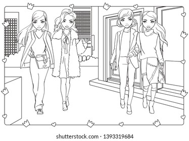 Coloring Book Of Girls Walk Around In City