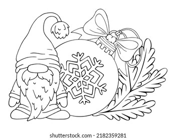 Coloring book gnome christmas ball line art. Cute character, fir branch, toy. Hand drawn vector black and white illustration.